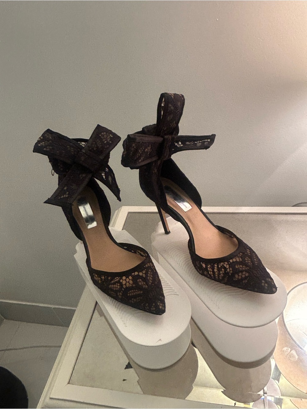 INC International Concepts Black Lace Pointed-Toe Ankle Tie Stilettos with Bow